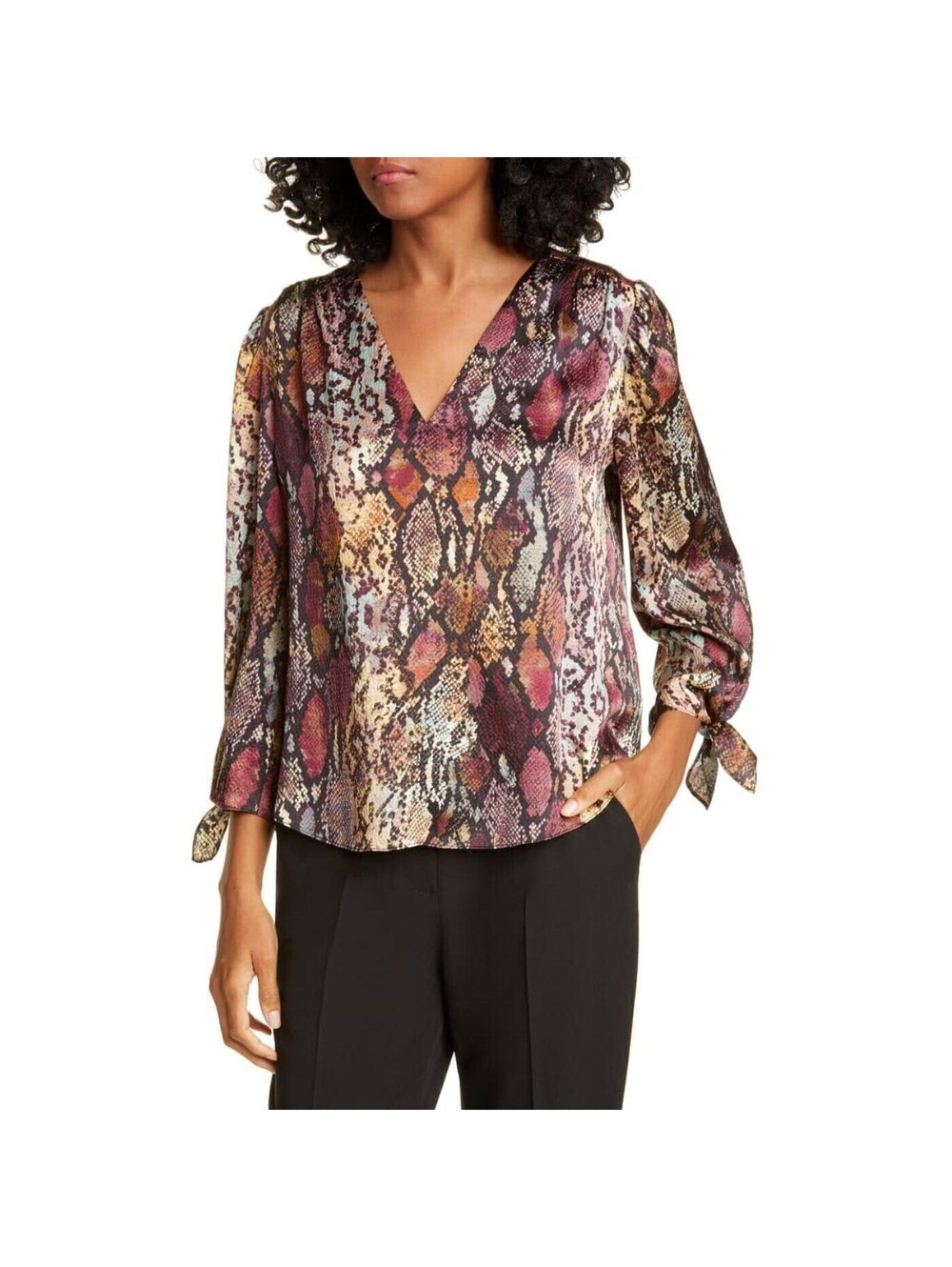 NEW Rebecca Taylor Multi Combo Silk Snakeskin Print Tie Cuff Top Size 2